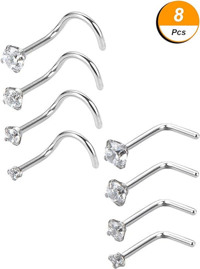 Ensemble de 8 Anneaux de Nez Courbés en Acier Inoxydable avec Zircon, Piercings de Qualité pour Le Corps